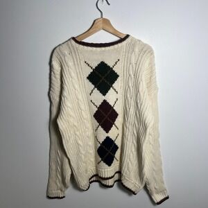 Vintage New River Sweater Mens Large White Argyle Crewneck Pullover 80s 90s